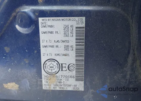 2020 Nissan Rogue S Intelligent Awd/Sl Intelligent Awd/Sv Intelligent Awd z USA, uszkodzony, nr VIN 5N1AT2MV8LC770166